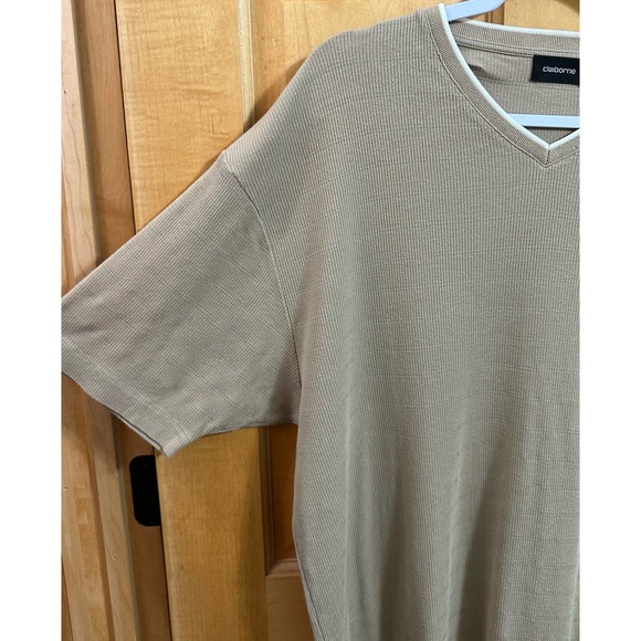 EUC, Claiborne Men’s Sz XXL Tan with Cream Trim V-Neck, Ribbed Short Sleeve Polo - Picture 2 of 9